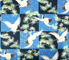 Japanese fabric cranes birds art deco black blue gold heron stork asian chinese