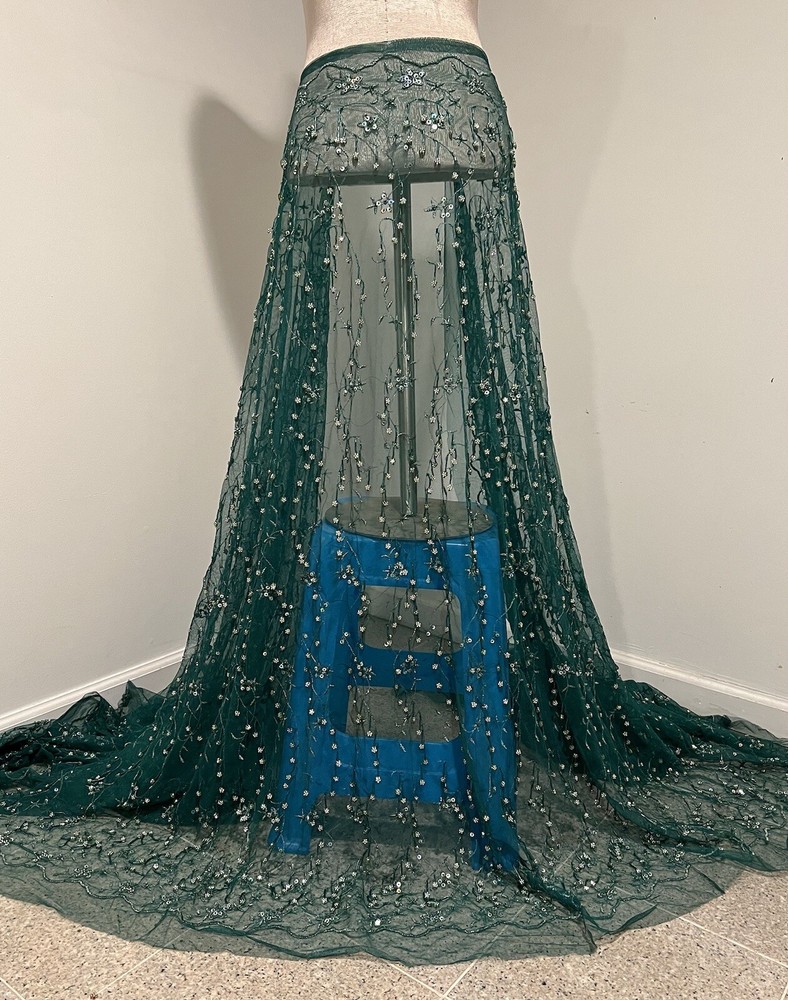 Green Silver 3D Fringe Beaded Sequins Embroidery Lace Fabric 50” Width 1 Yard