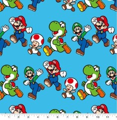 BTY Nintendo Super Mario & Friends Luigi Yoshi Toad Blue Cotton Fabric By Yard