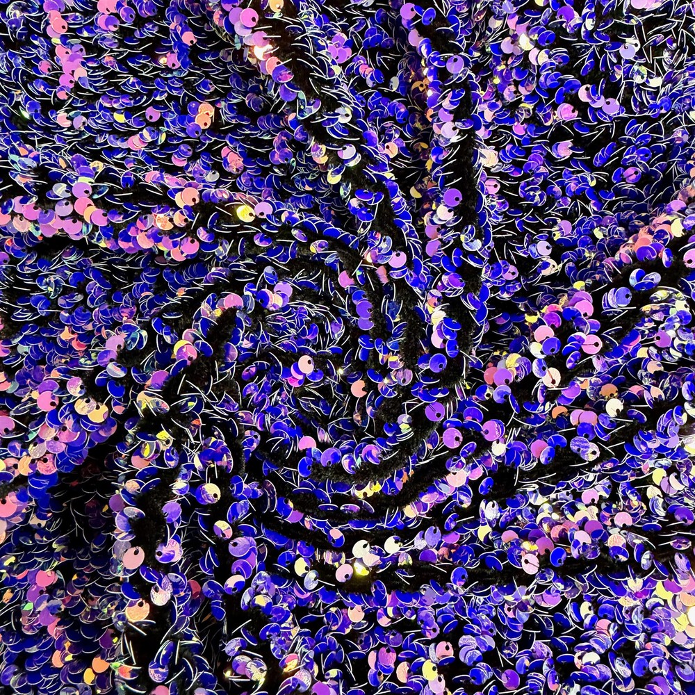 Stephanie IRIDESCENT PINK ROYAL Overlap Sequins on Black Stretch Velvet Fabric