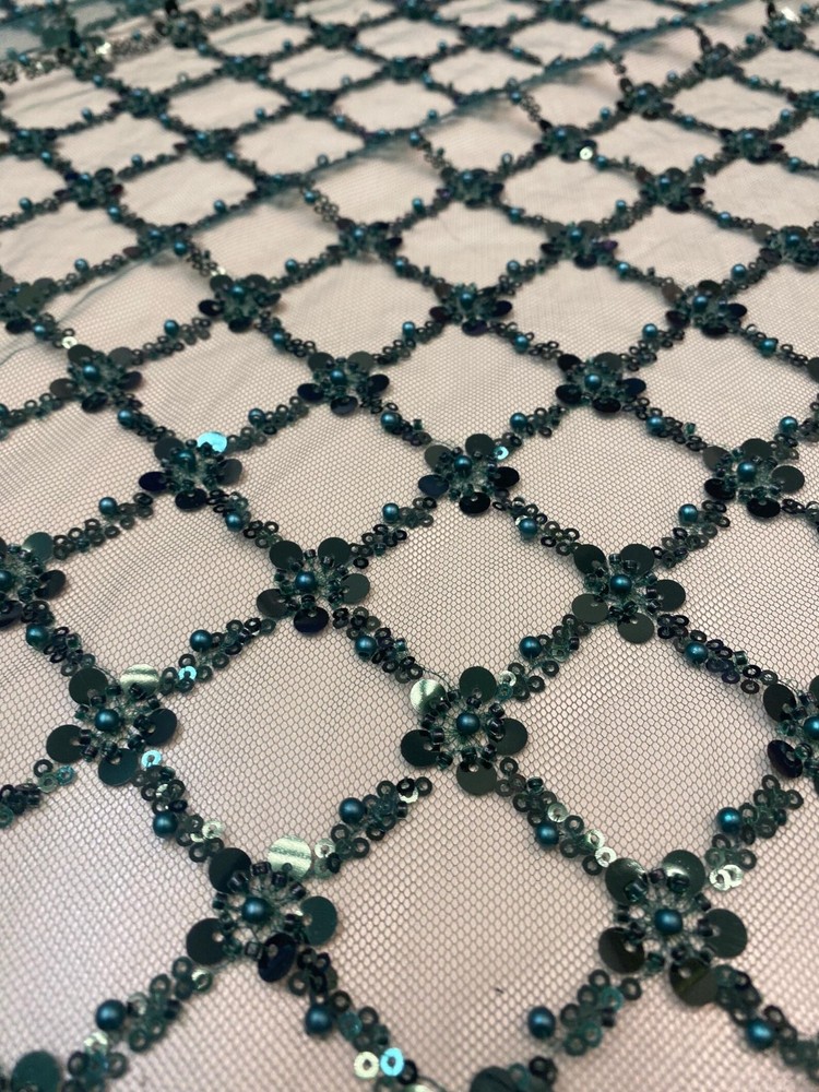 Emerald Sequin Beaded Lattice Mesh Fabric | Luxury Embroidered Tulle Dresses