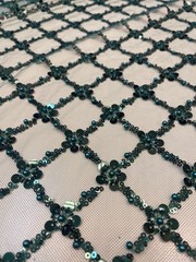 Emerald Sequin Beaded Lattice Mesh Fabric | Luxury Embroidered Tulle Dresses