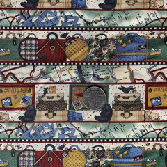 Vintage Travel Themed Fabric By Debbie Mumm For SSI Luggage Maps Blue Cream BTY
