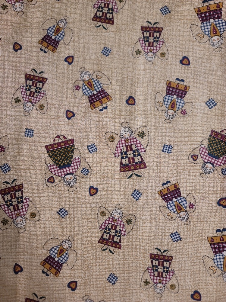 1 Yd Vintage Spring Industries Primitive Angels Folk Theme Beige Red Blue