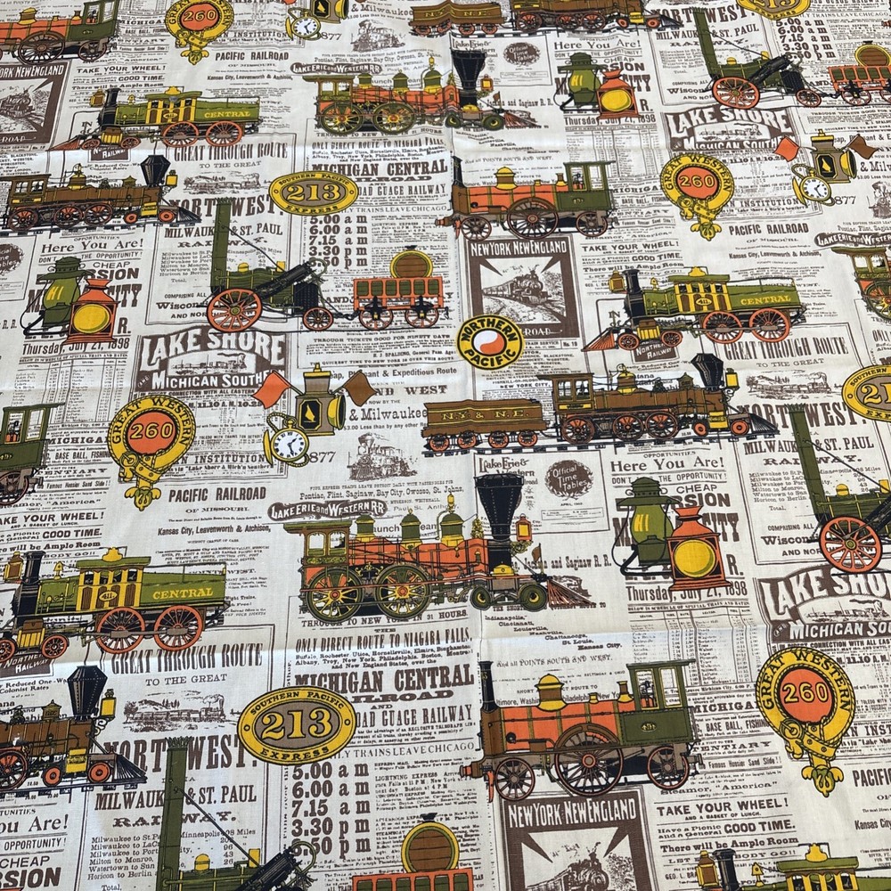 House N Home Vtg Train Locomotive Railroad Newsprint Fabric 2.5 Yards Americana