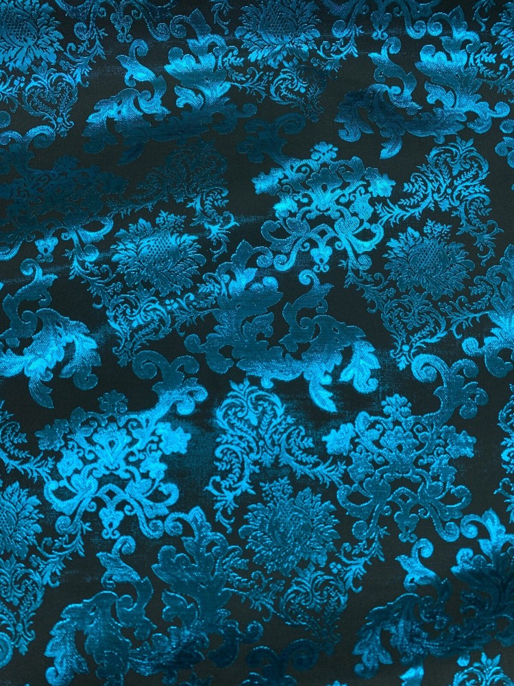 TURQUOISE BLUE BLACK Damask Metallic Brocade Fabric (58 in.) Sold By The Yard