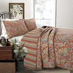 Red Orange Vintage Reversible 100% Cotton 3-Piece Quilt Bedding Set, Coverlet Be