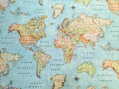 WORLD MAP 3 Fabric -Vintage Atlas Curtain Upholstery Cotton Material 55” wide