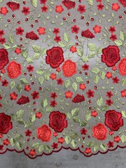 Iris RED Floral and Leaves Embroidery on NUDE Mesh Lace Fabric by the Yard – 10