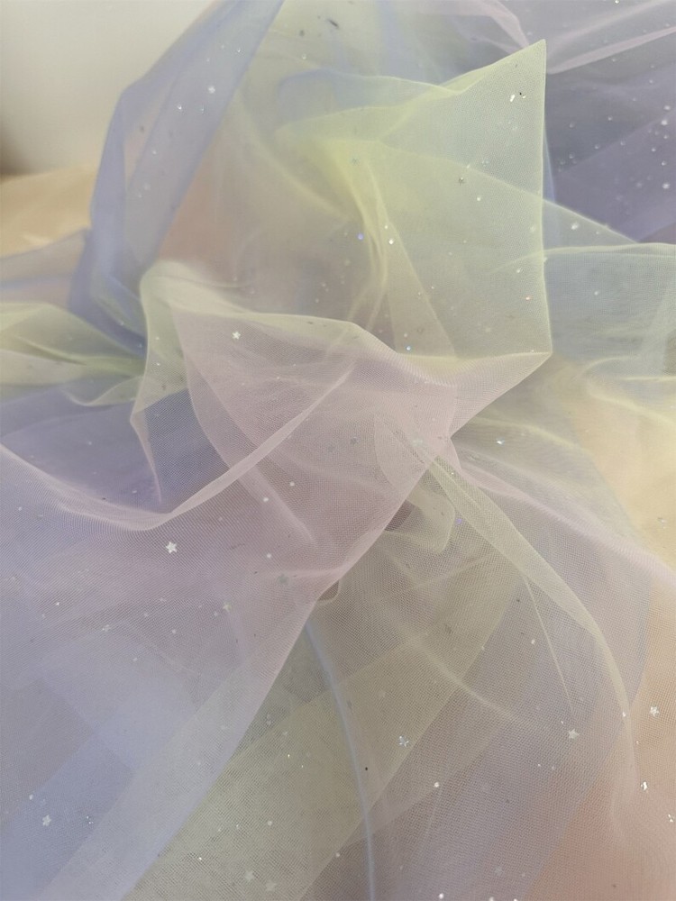 Rainbow Tulle Fabric Silver Glitter Stars Lace Fabric for Wedding Tulle Dress