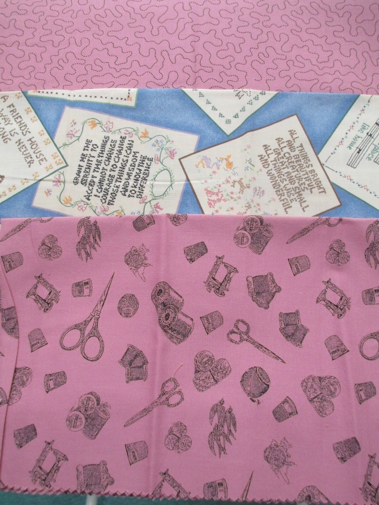 Fabric Red Rooster “Sewing” 3 Pc Sampler Pink Stipple & Implements & Tags $3.95