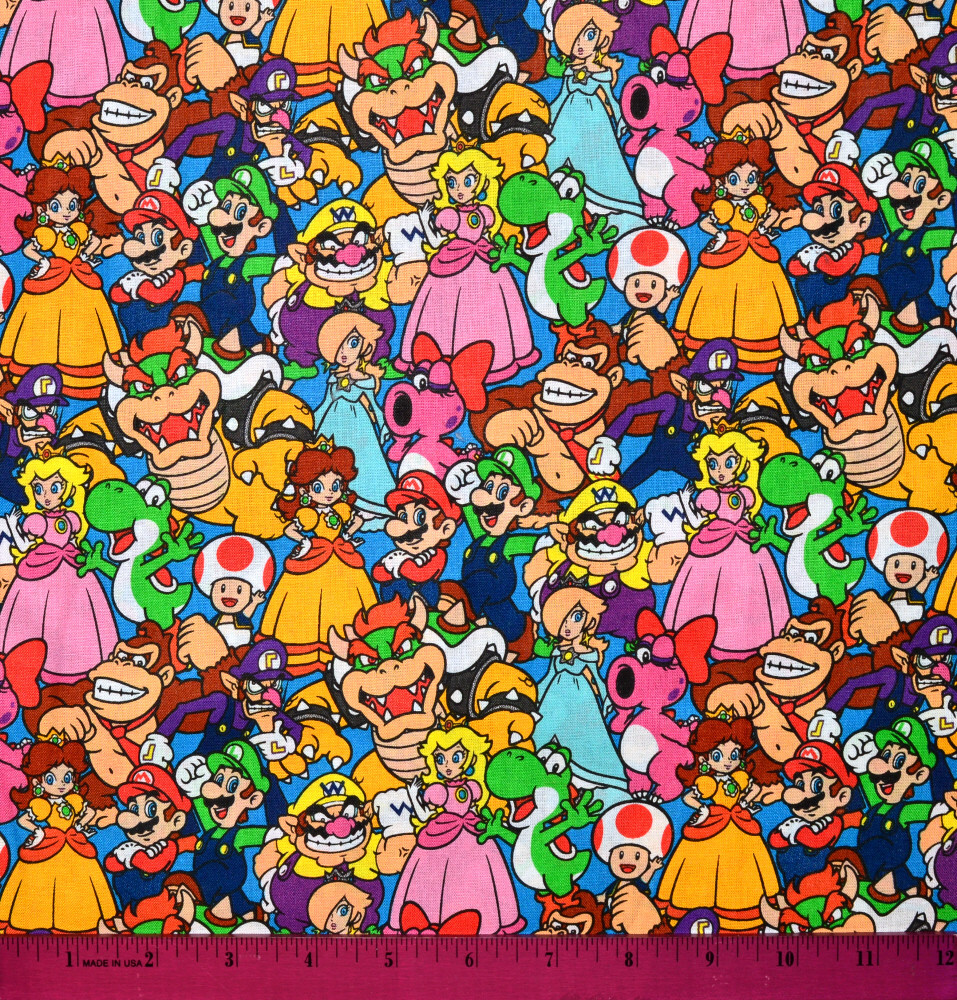 Nintendo Mario Brothers Fabric – HALF YARD – 100% Cotton Diddy Kong Yoshi Bowser