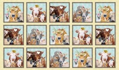 24″ X 44″ Panel Happy Farm Animals Cows Sheep Dogs Cream Cotton Fabric D371.60
