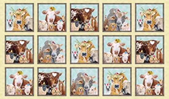 24″ X 44″ Panel Happy Farm Animals Cows Sheep Dogs Cream Cotton Fabric D371.60