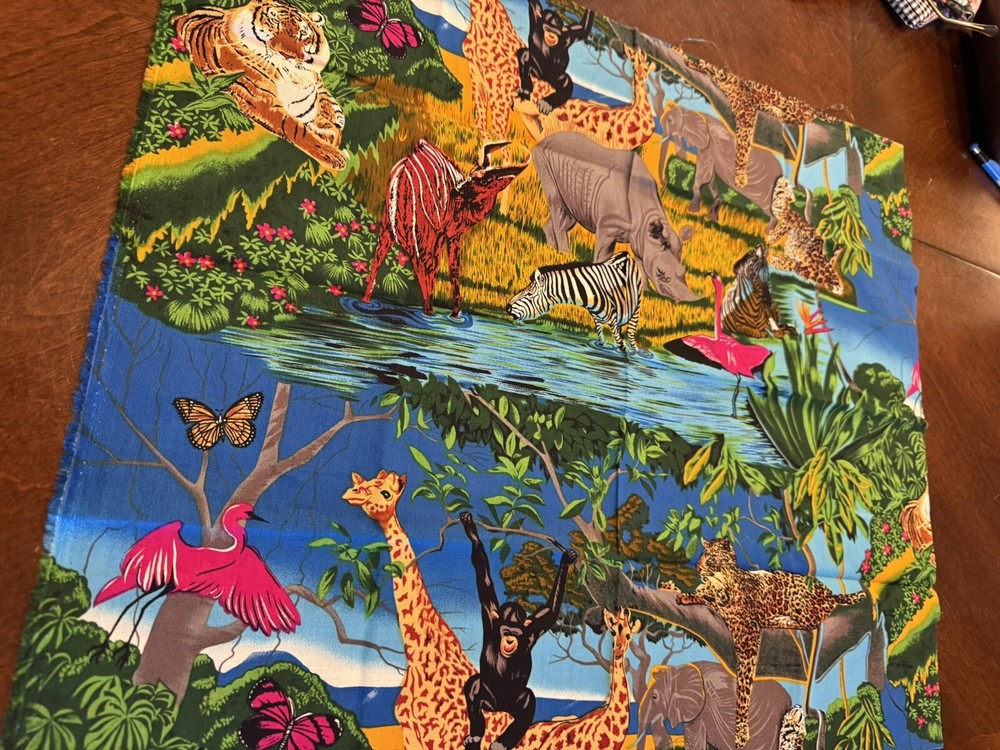 FQ Cotton Quilt SAFARI ANIMALS Watering HOLE Zebra Giraffe TIGER MONKEY Flamingo