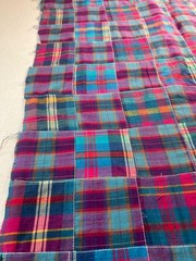 Fabric -Madras Woven Plaid Patchwork Sewn 3×3 Squares Grunge Indie Boho Sold BTY