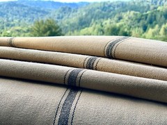 Grain Sack Fabric by the Yard, Ticking Fabric, Black Stripes on Brown Beige