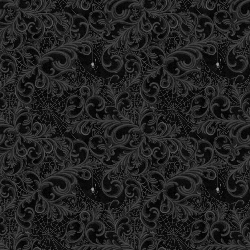 Lumin/White Owl – Dark Academia – Scrolls And Webs – Charcoal, Fabric BTY