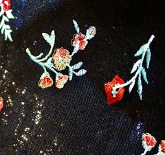 EMBROIDERED FLORAL LACE FABRIC W/ BEAD SPARKLE BLACK RED ROSES 56″ WIDE BY YARD