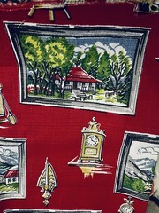 VTG `40-50`s BARKCLOTH Landscape Paintings and Colonial Decor on Red 34″x25½”