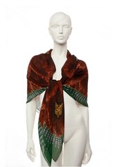 VASSILISA Green and Brown Silk Wolfs Print Extra Large Square Scarf