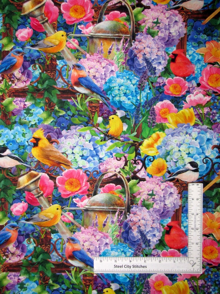 Birds Hydrangea Garden Fabric Flowers Digital Cotton Fabric Studio E By Yard