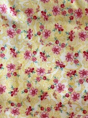 Pink Floral on Yellow Cotton Fabric; 2 Cuts: Total 4 3/8 Yds