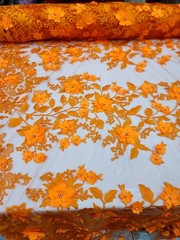 Orange 3d Lace Fabric Sold By The Yard Embroidered Pearls 3d Floral Prom Bridal
