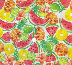 Watercolored Summer Fruit on White Fabric, BTHY, Pineapple & Watermelon Print