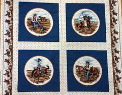 COWBOYS IN THE WILD WEST 4 BLOCK PANEL ON BLUE BY VIP CRANSTON, 35″Hx44″W