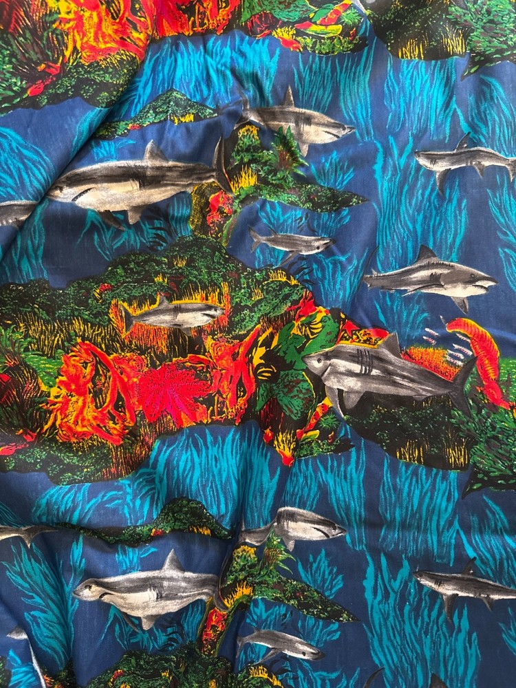 Fabric – Vintage Sharks Swimming in Coral Shamash and Sons Approx 132”L x 44” W