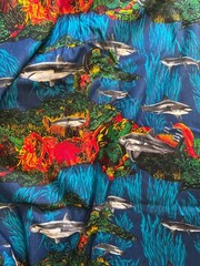 Fabric – Vintage Sharks Swimming in Coral Shamash and Sons Approx 132”L x 44” W