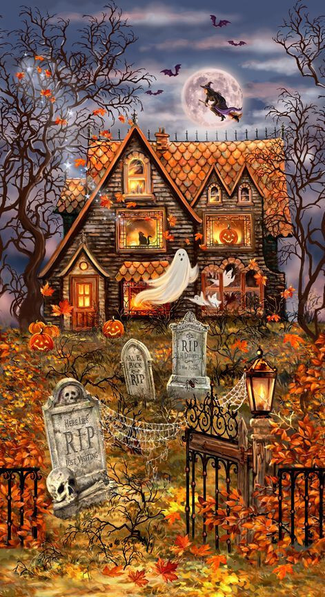 Halloween Haunted House Fabric 24″ X44″ Panel Cotton Timeless Treasures CD3230