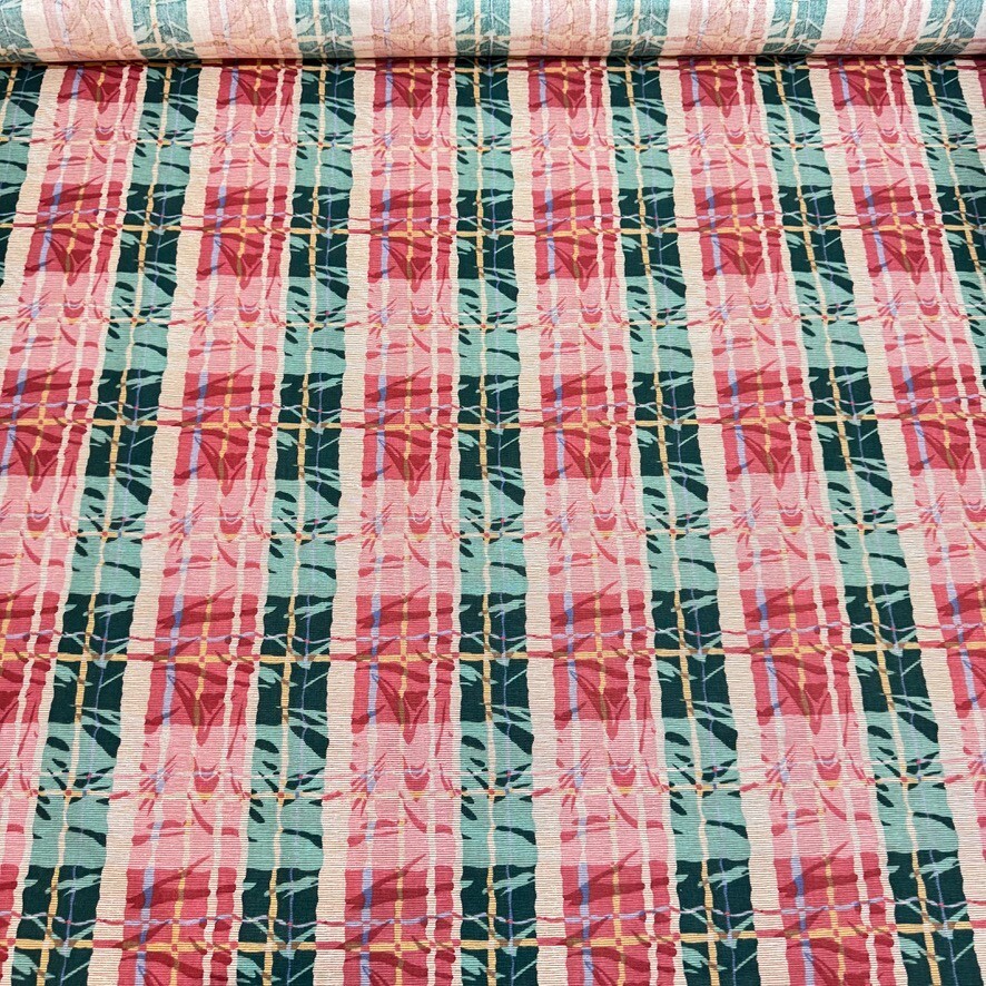 vtg fabricut upholstery fabric stanley king country springs red stripe 8 yr 54″