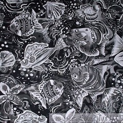 BonEful Fabric FQ Cotton Quilt Black White B&W Gray Baby StarFISH Seashell Dot S
