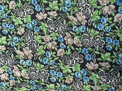 Vintage 1950’s Cotton Floral Fabric Black Green Blue Brown Mid Century