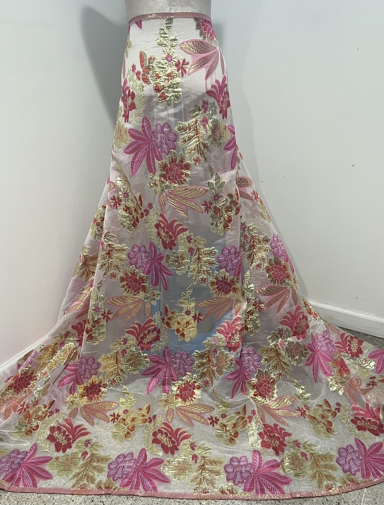 1.5 Yard PINK GOLD WHITE Metallic Brocade ORGANZA Fabric 58” Width