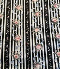 Floral on Black and White Stripe Fabric by the yard, 45” wide, cotton