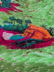 Vintage Hawaiian Tropical Fabric Palm Trees Huts Island Tiki Cotton 55″ X 44″