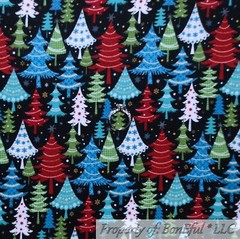 BonEful FABRIC FQ Cotton Quilt Flannel Black Red Green Xmas Tree White Dot Blue