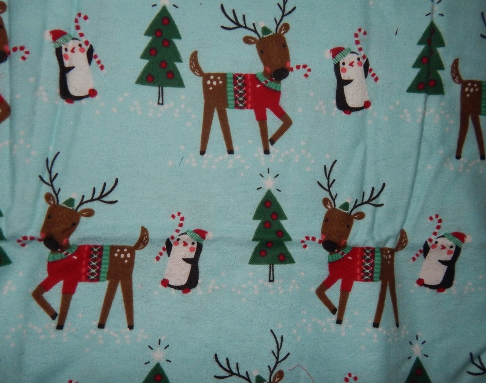 cotton flannel fabric blue aqua Christmas tree holiday BTY reindeer penguin cand