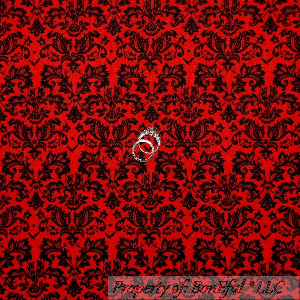 BonEful Fabric FQ Cotton Quilt VTG Red Black Flower Damask Heart Xmas Calico Dot
