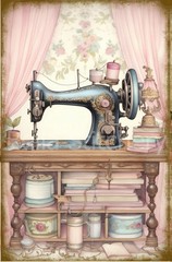 Vintage Victorian Sewing Time #13 Sewing Machine 7×10 Craft Quilt Fabric Block