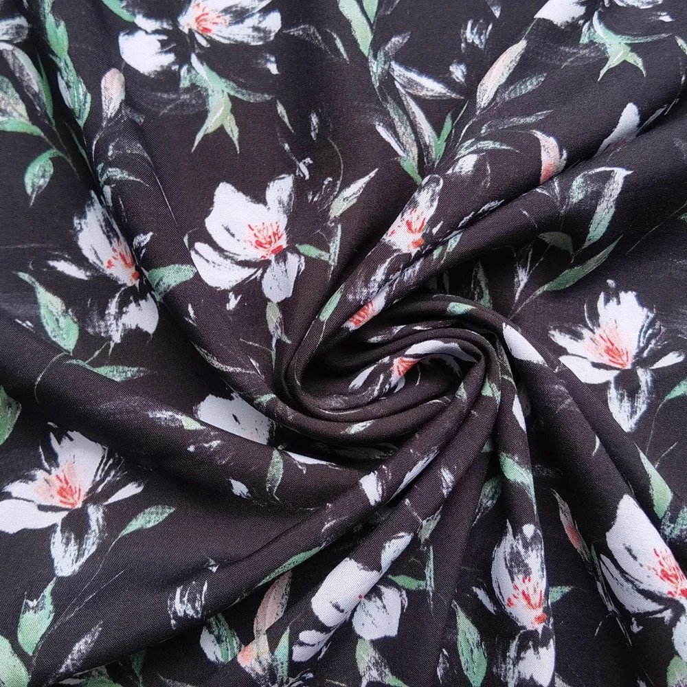 55” Wide By Yard Soft Rayon Fabric Vintage Black White Flower Viscose Material