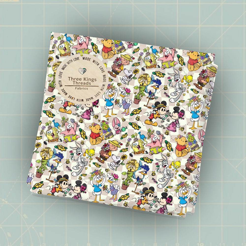 Animated Cartoon Characters Checker DBP 1 Yard Fabric Seamless Design Appr 59×36