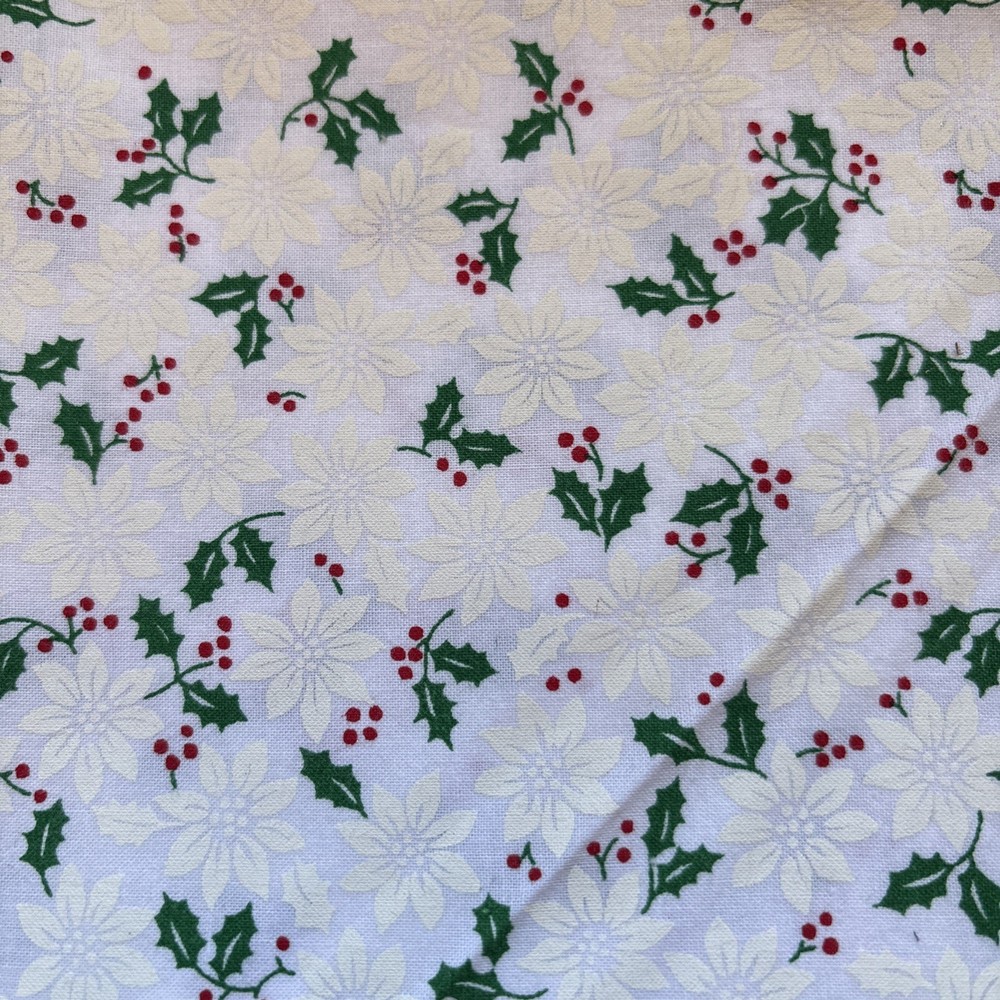 White Christmas Cotton Fabric Holly Poinsettia On White 43×43
