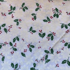 White Christmas Cotton Fabric Holly Poinsettia On White 43×43