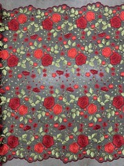Iris RED Floral and Leaves Embroidery on BLACK Mesh Lace Fabric by the Yard – 1