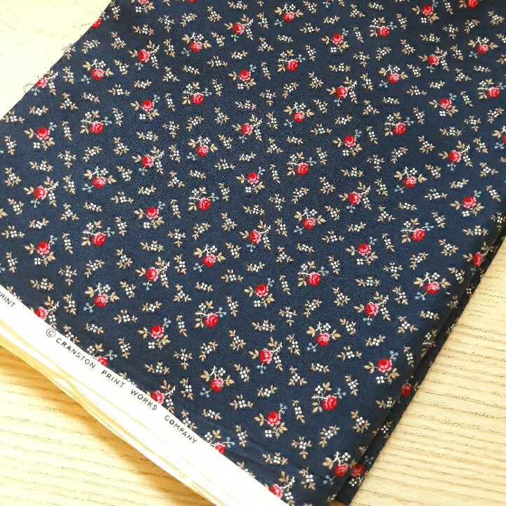 1.75 YD Vintage VIP Cranston Cotton Fabric Tiny Rose Floral Navy Prairie Cottage