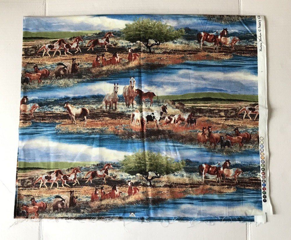 Nancy Glazier Fabric Mustang Meadows Wild Horses Water Mountains 1 Yard